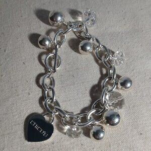 Chicos chunky silver tone & glass beaded heart charm bracelet